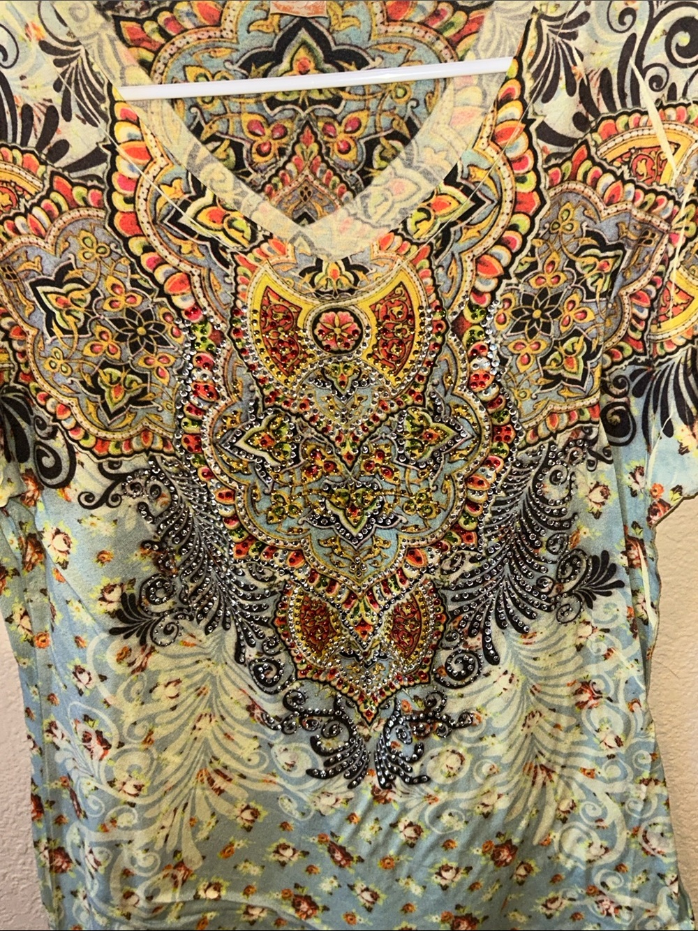 Rouge USA Embellished Boho Medallion Print Top 2X Rhinestone Tee